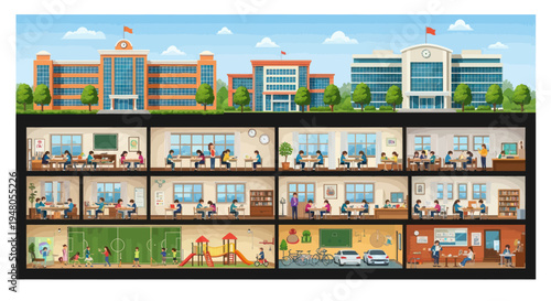 Cross-section of School Building with Students Learning and Playing in Classrooms, Gym, and Playground