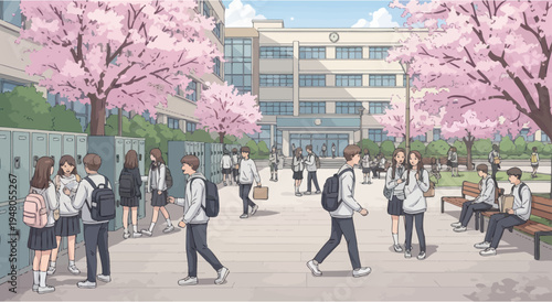 Anime school courtyard with students under cherry blossoms, spring season, lockers and building