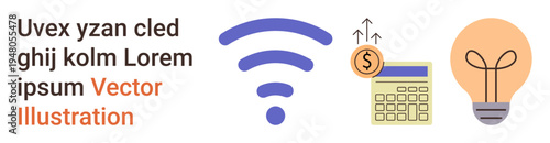 Technology, wireless communication, finance, growth, innovation, business. wireless symbol, calculator with coin light bulb. Wireless communication and financial growth concept