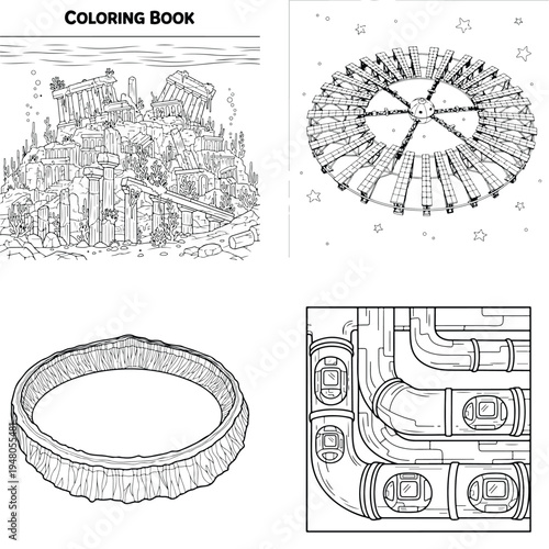 Fantasy city skyline with crystal structures and sun with science fiction