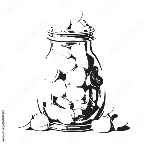 Monochrome still life featuring a jar of garlic bulbs and scattered cloves.