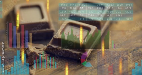 Camera shifting causing animated charts pulsing and sliding over two chocolate squares showing data