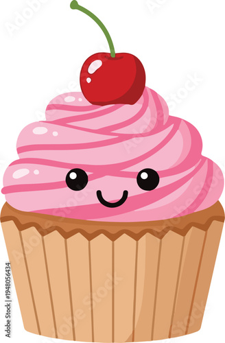 A cartoon cupcake with pink frosting and a cherry on top