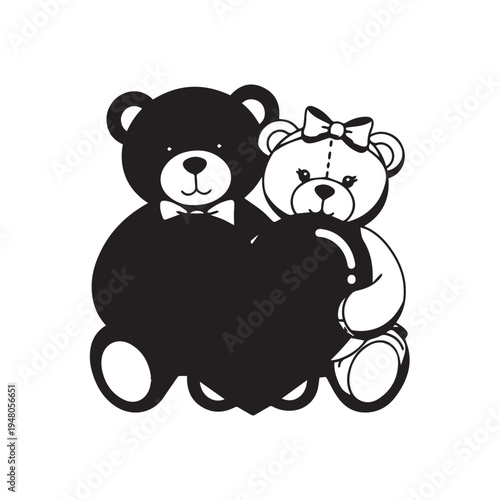 Two cartoon teddy bears cuddling together, one black and one white with a bow, conveying warm friendship and cozy charm.
