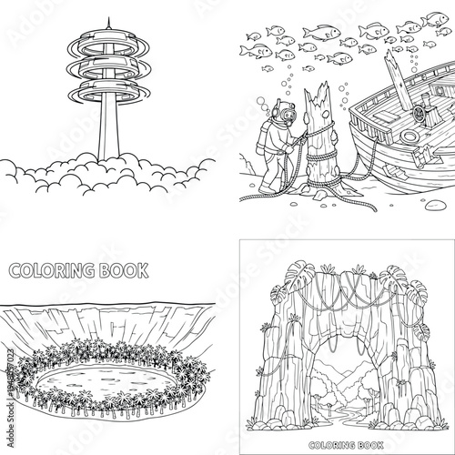 Outer space station coloring page and underwater wreck line art with sci fi with children activity