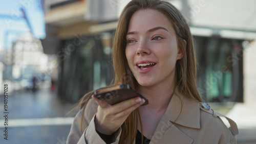 Woman holds smartphone to her mouth while speaking into it on a busy urban street, eyes focused ahead; connection.