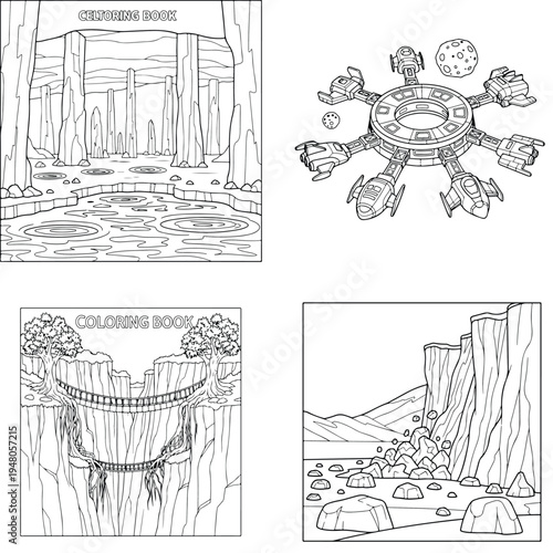 Cliff face coloring page and suspended bridge line art with rock formation with children activity