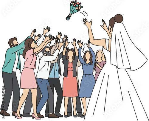 A bride throws her bouquet to a crowd of excited guests at a wedding