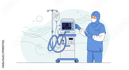 Doctor in protective gear operating a modern ventilator machine in a hospital setting