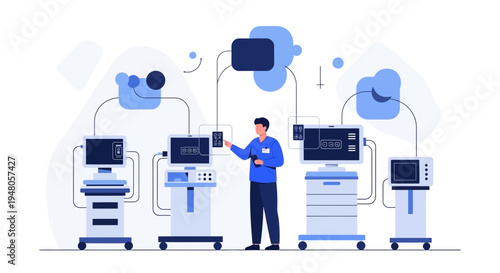 Doctor with Medical Equipment, Ventilator and Monitor, Healthcare Technology Concept