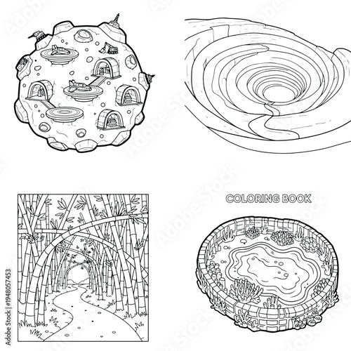Alien planet village coloring page and spiral vortex line art with sci fi with children activity