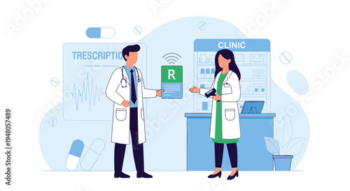 Doctors with digital prescription in modern clinic, healthcare technology concept