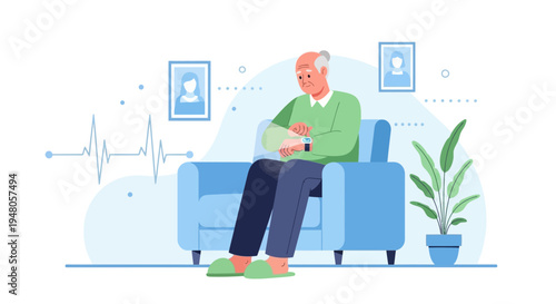 Elderly man checking smartwatch for health monitoring while sitting in armchair at home