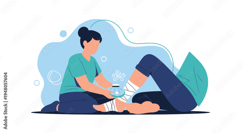 Fototapeta premium First Aid for Ankle Injury: Bandaging a Sprained Leg with Ice Pack