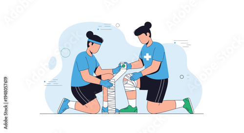 First Aid: Person Bandaging Injured Leg of Another Person Kneeling