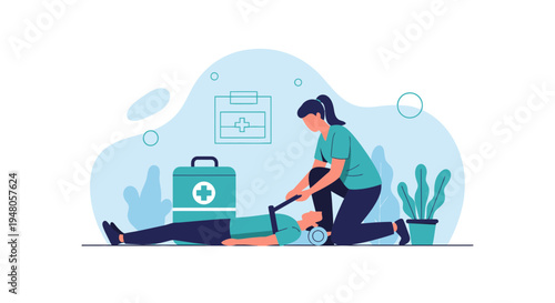 First Aid Training: Person practicing CPR on dummy with medical kit