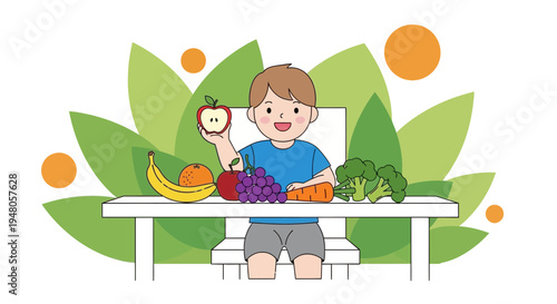 Happy Boy Eating Healthy Fruits and Vegetables on Table