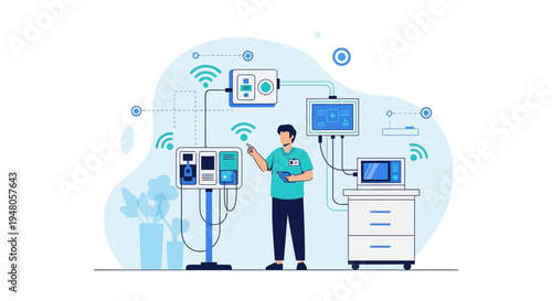 Healthcare Technology: Doctor Interacting with Medical Devices and Network