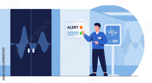 Healthcare worker interacts with medical alert system displaying vital signs and sound waves