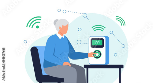 Senior woman using smart health monitoring device with wireless technology