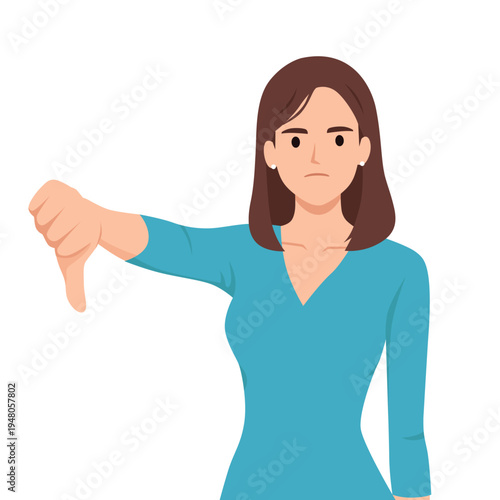 Disappointed Woman Showing Thumbs Down Negative Feedback Concept. Flat vector illustration isolated on white background