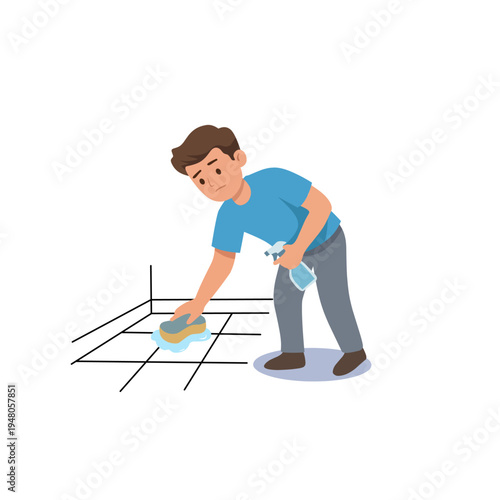 Cartoon illustration of a man scrubbing a tiled floor with a sponge and cleaning spray. Household cleaning activity concept showing hygiene and home maintenance in flat vector style