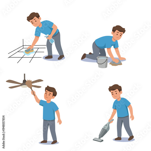 Set of cartoon illustrations showing a man doing house cleaning activities such as scrubbing floor tiles, wiping floor with cloth, cleaning ceiling fan, and vacuuming. Household chores concept in flat