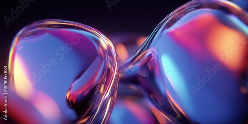 Abstract iridescent liquid blobs with vibrant neon reflections and bokeh background