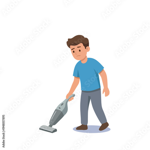 Cartoon illustration of a man using a vacuum cleaner to clean the floor. Household cleaning activity concept showing home hygiene and daily chores in flat vector style