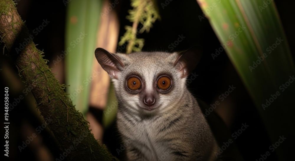 Naklejka premium Bushbaby with Large Luminous Orange Eyes Peering from Dense Forest Foliage at Night