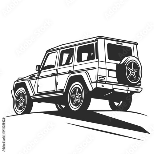 A vintage 4x4 off road vehicle vector illustration features a classic jeep design with a rugged wheel and retro toy car model style for transportation