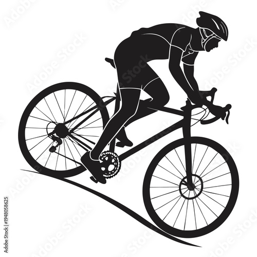 Black silhouette vector illustration of a male cyclist riding a mountain bike with visible pedals and wheels for sport or travel