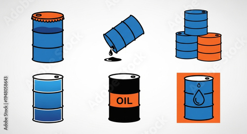 Illustrations of Oil Barrels in Various Positions and Colors.