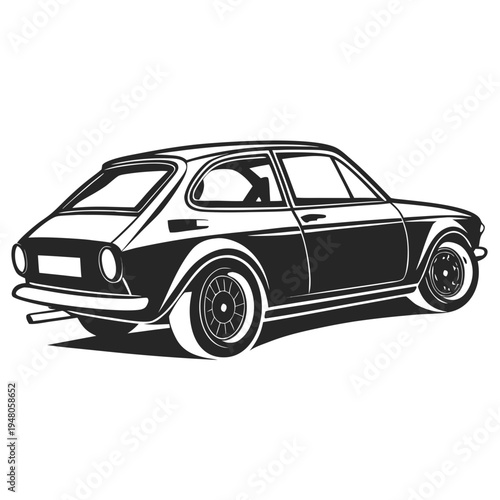 Classic black and white retro car vector isolated on white featuring a luxury automobile design with a sleek bumper and sport wheel style for a fast transport model