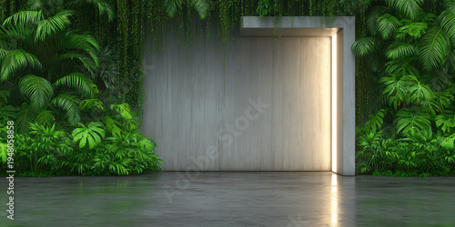 Modern concrete wall with illuminated doorway surrounded by lush green tropical plants and hanging vines, reflecting on smooth wet floor, creating serene and inviting atmosphere