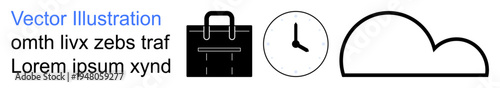 Productivity, time management, digital storage, workplace organization, technology, planning. Briefcase, clock and cloud icons. Productivity and time management concept