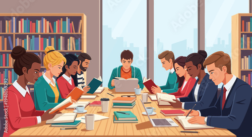 Diverse group of people studying together in a library with bookshelves and large windows