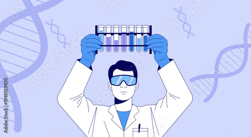 Scientist Holding Test Tubes with DNA Background