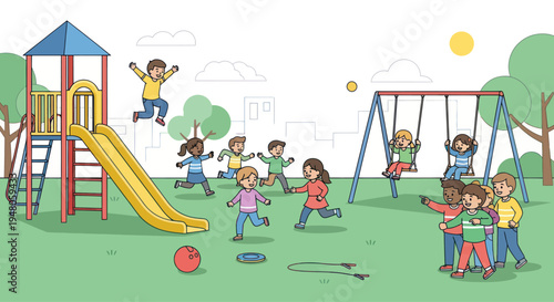 Diverse children playing joyfully on a sunny playground with swings and slide
