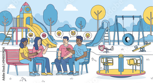 Diverse friends chatting and sharing emotions on a park bench with playground background