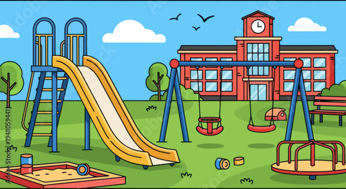 Colorful cartoon playground with slide, swings, merry-go-round, and school building