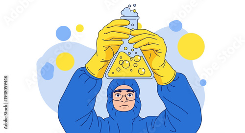 Scientist in Hazmat Suit Holding Beaker with Bubbling Yellow Liquid