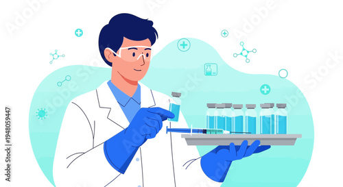 Scientist holding vaccine vial and syringe, medical research, laboratory, science, healthcare, vaccination concept