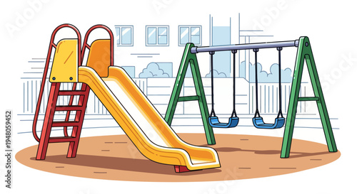 Colorful playground slide and swings with buildings in background