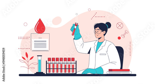 Scientist in Lab Coat Analyzing Blood Sample in Test Tube, Medical Research Concept