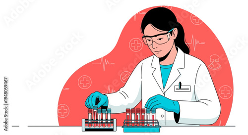 Scientist in Lab Coat Analyzing Blood Samples in Test Tubes, Medical Research Concept