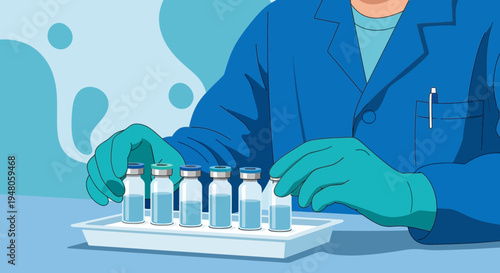 Scientist in blue lab coat and gloves arranging vials with blue liquid in a laboratory