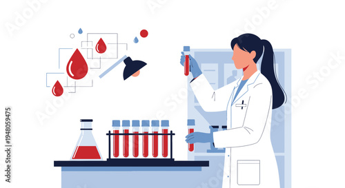 Scientist in lab coat analyzing blood samples in test tubes, medical research concept