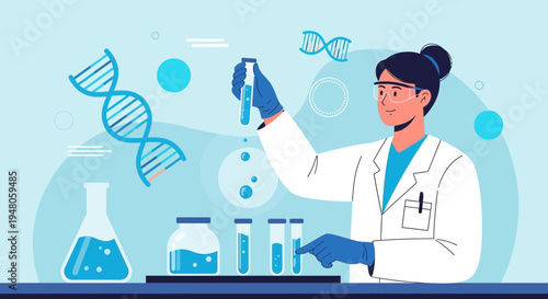 Scientist in Lab Coat Analyzing DNA Helix and Test Tubes in Biotechnology Research
