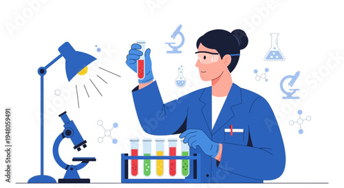 Scientist in Lab Coat Analyzing Test Tube with Red Liquid, Microscope and Flasks